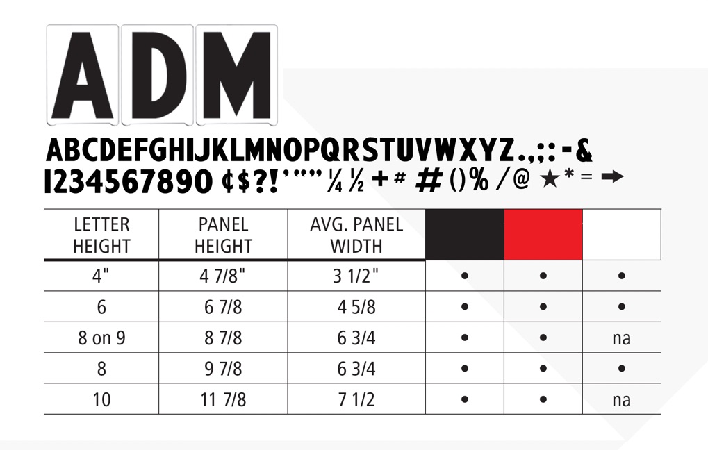 ADM letter style — sizes and color availability