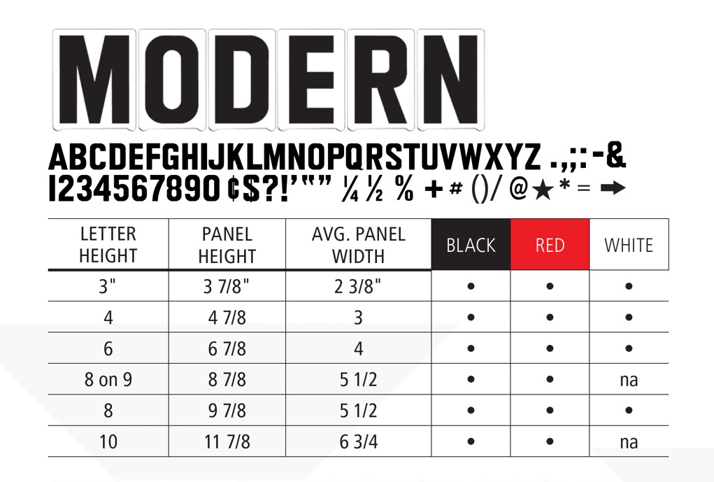 Modern letter style — sizes and color availability